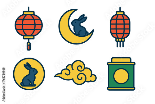 Set of traditional Asian festival elements featuring lanterns, moon rabbit, cloud, and tea caddy