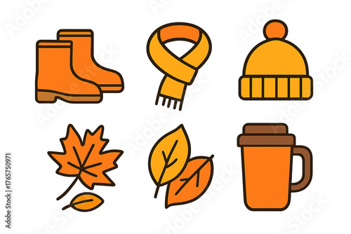Autumn season set featuring rubber boots, warm scarf, beanie hat, maple leaves, and travel mug