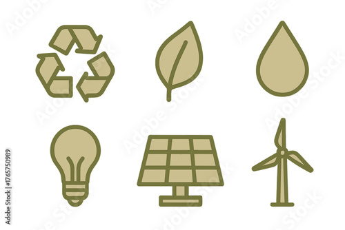 Symbols for environmental protection, renewable energy, recycling, and water conservation