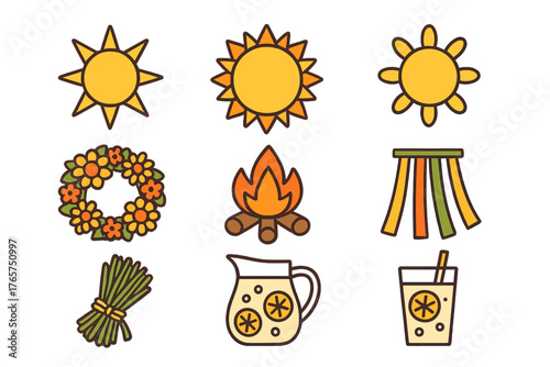 Midsummer celebration elements: sun, floral wreath, bonfire, maypole, and lemonade beverages