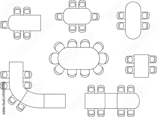 top view dining table set, modern furniture layout plan, restaurant table arrangement vector, home dining room layout, architectural cad symbols, furniture blueprint design illustration