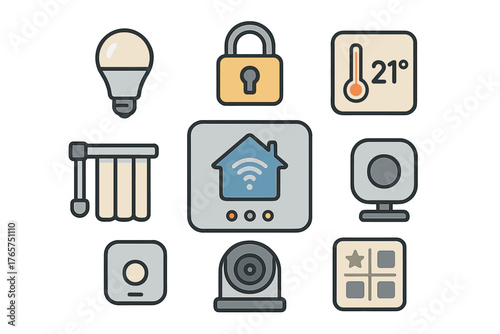Modern digital interface design featuring smart home automation and security system symbols