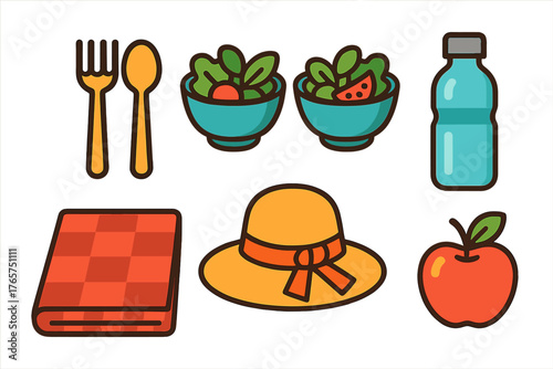 Colorful summer picnic items including food, drink, cutlery, and checkered blanket