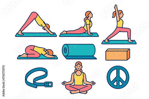 Woman practicing yoga positions, meditation, and fitness accessories set