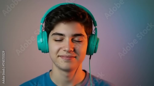 Young boy enjoying music with headphones, serene mood