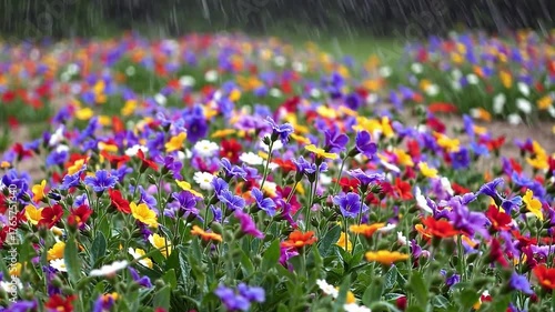 Rain Falling on Vibrant Colorful Flowers in Garden​
