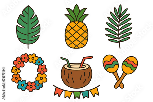 Colorful tropical summer party elements: pineapple, coconut drink, maracas, floral lei