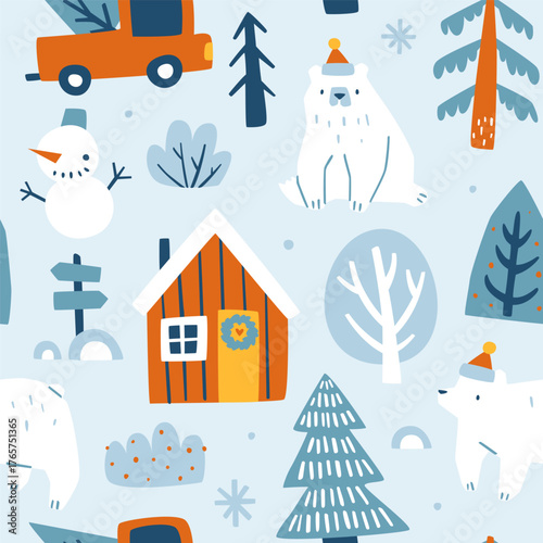 Winter pattern with bears in the forest. Seamless vector christmas print.