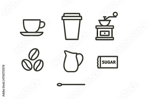 Collection of essential equipment and ingredients used in a coffee shop