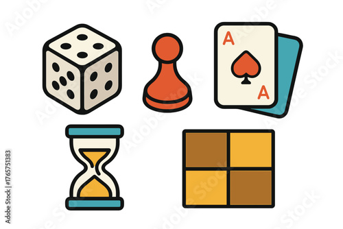 Assortment of classic tabletop game elements including dice, pawn, and playing cards