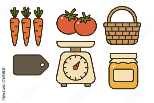 Grocery and farming items set including carrots tomatoes scale basket