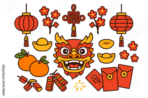 Auspicious collection of Chinese New Year elements featuring dragon mask, red lanterns, and gold ingots