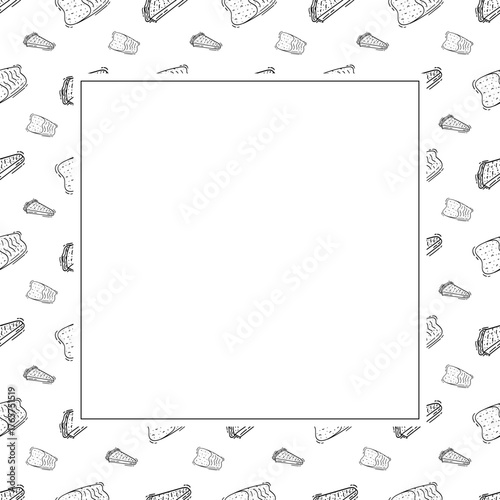 Hand Drawn Bread square frame. Doodle Bakery frame background
