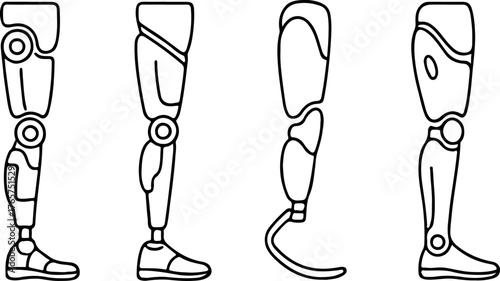 set of icons of various prosthetic legs for people after amputation, for inclusive designs and on the topic of care and mobility