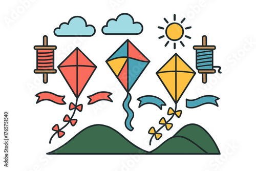 Three vibrant kites soaring over rolling landscape with clouds and sunshine