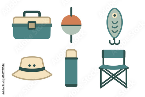 Essential fishing and camping gear items including tackle box, bobber, lure, sun hat, insulated flask, and folding chair