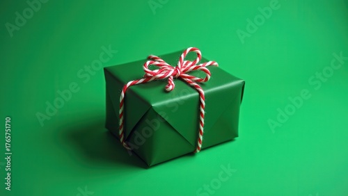 neatly wrapped green gift with red and white twine on solid green background showing festive charm and seasonal greeting composition concept of christmas, holiday, retail industry