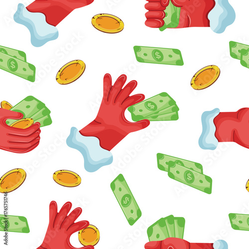 seamless pattern with icons of Santa Claus hands in different gestures with paper money and gold coins in different shapes, for business, thematic designs and New Year's themed designs