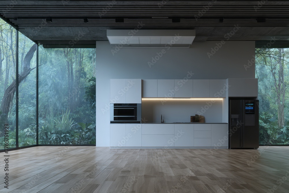 Fototapeta premium Modern kitchen with large windows overlooking a lush forest.