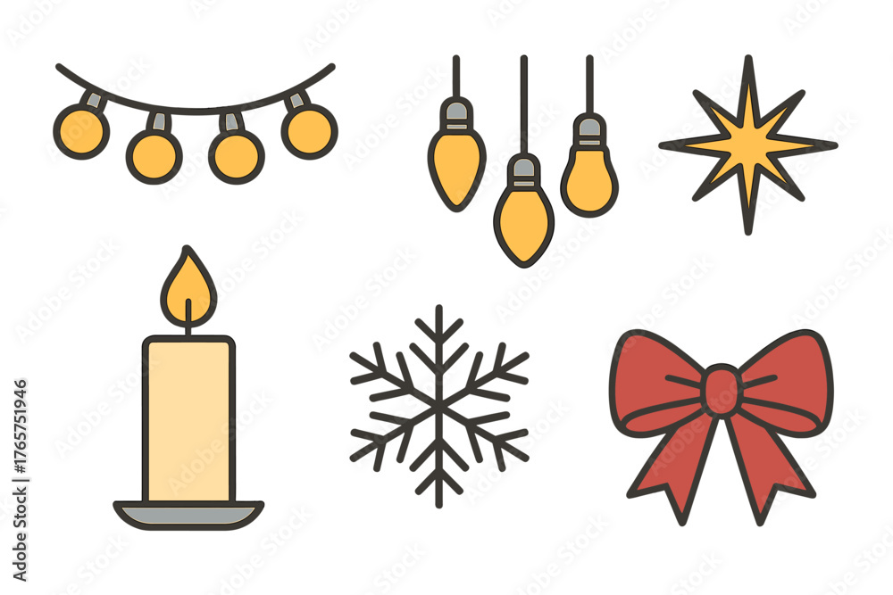 Obraz premium Festive winter holiday symbols set including string lights, burning candle, snowflake, and decorative bow