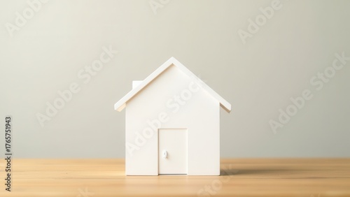 white wooden model house on wooden surface against neutral background with soft light showing miniature home symbol concept of real estate, mortgage, homeownership industry
