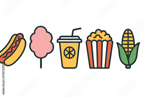 Colorful flat design icons of fairground snacks and treats including hot dogs, popcorn, and sweet drinks