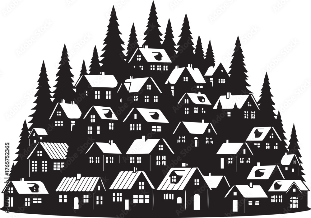 Obraz premium Silhouette Village On A Hill With Trees houses forest