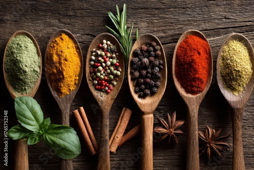 Assorted Natural Seasonings and Dried Herbs on Rustic Table