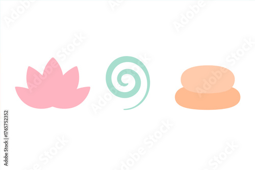 Minimalist wellness symbols set featuring lotus flower, spiral swirl, and smooth spa stones