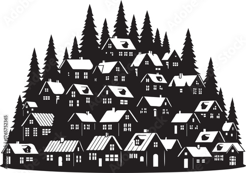 Silhouette Village On A Hill With Trees houses forest