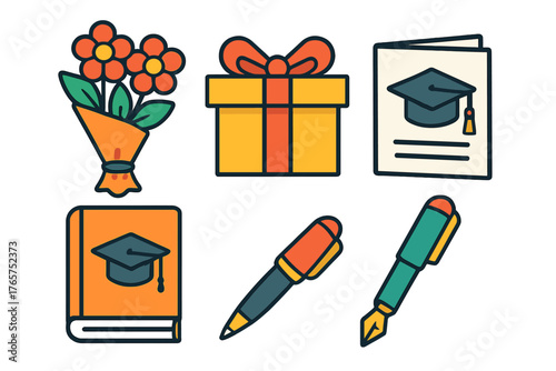 Essential academic and celebratory items for graduation day including gifts, flowers, and writing tools