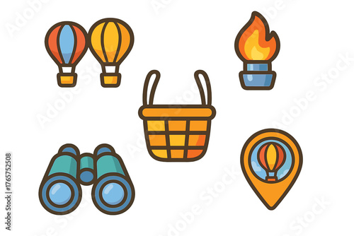 Hot air balloon adventure elements including balloons, basket, burner, binoculars, and location pin