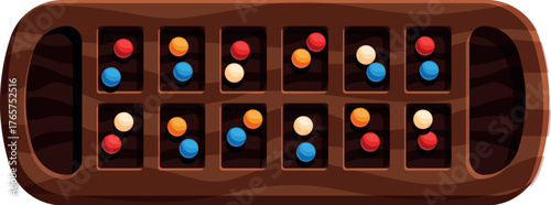 Wooden mancala board with colorful stones arranged in its compartments, ready for an engaging game