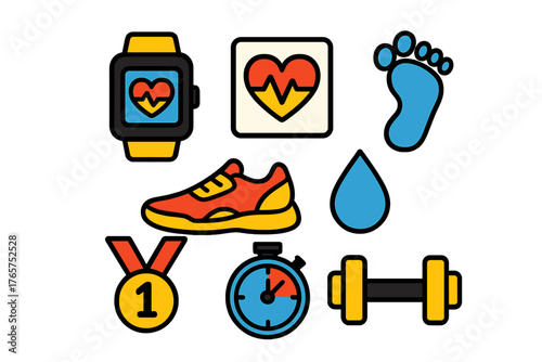 Fitness and sports symbols set including smartwatch, running shoe, dumbbell, medal, and heart rate monitor