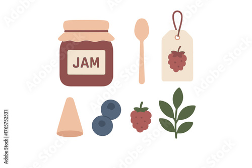 Homemade jam jar, wooden spoon, fresh berries, and natural decorative elements