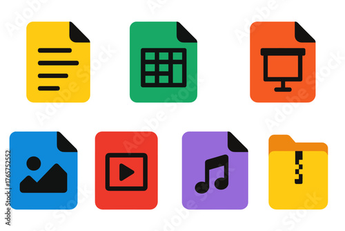 Colorful flat icons representing various digital document file types and data storage
