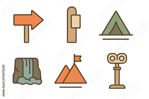 Set of outdoor adventure icons featuring camping, hiking, mountains, and sightseeing symbols