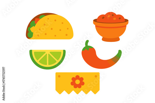 Colorful Mexican food and spice elements including taco, salsa, chili, and lime