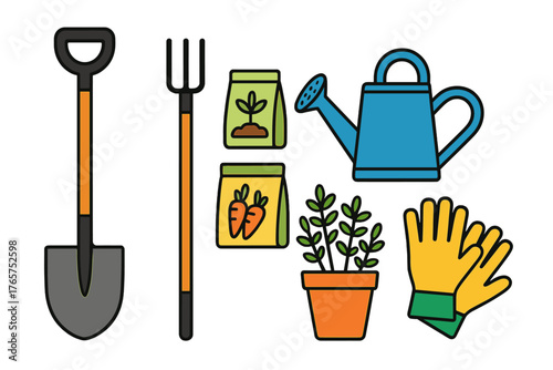 Collection of essential gardening equipment including shovel, fork, watering can, and seeds