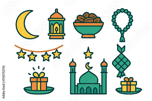 Islamic religious symbols including mosque, crescent moon, dates, lantern, and prayer beads