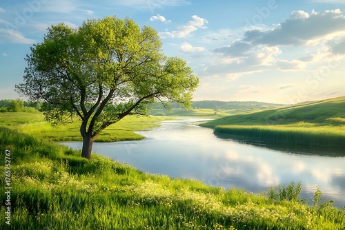 Serene River Landscape with Lush Green Tree and Rolling Hills at Sunset