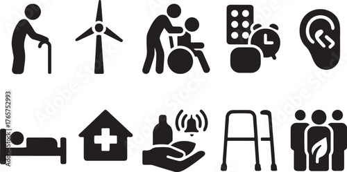 Black Icons representing elderly care and medical assistance topics