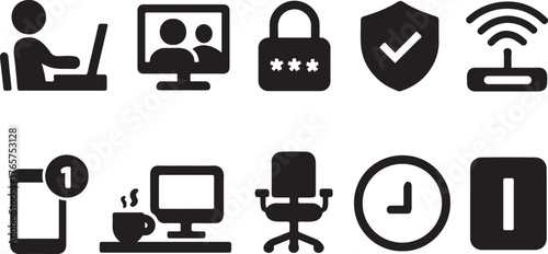 Black and white office icons illustrating work from home concepts