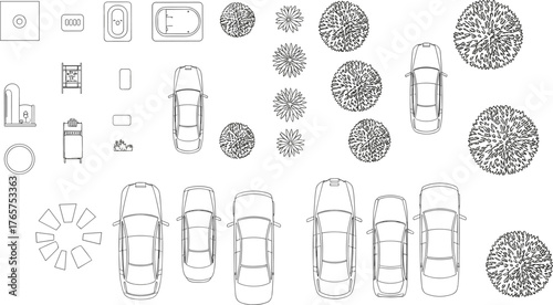 Top view car parking plan with trees, bathroom fixtures, furniture layout, landscape architecture symbols, CAD drawing elements, urban planning illustration, modern design collection