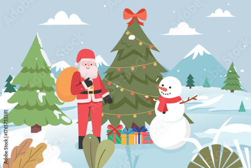 Christmas Scene With Santa Claus And Snowman