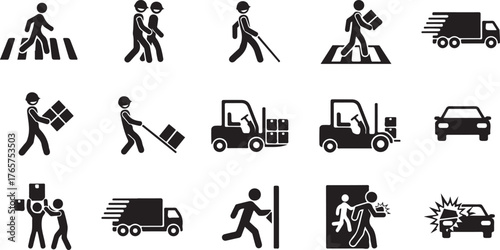 Collection of Safety and Transportation Pictograms in Black and White Style