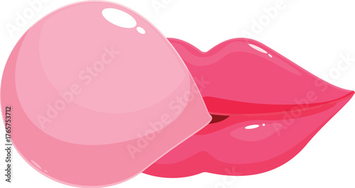 Glossy lips blowing pink chewing gum bubble, bubblegum, fresh breath