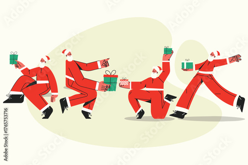 Christmas gift exchange cartoon characters holding presents