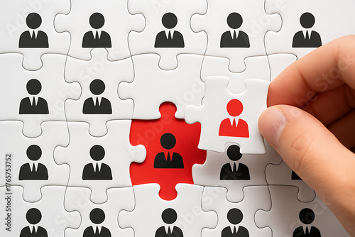Recruitment and human resources concept with red puzzle piece representing candidate hiring process employment opportunity and workforce fit