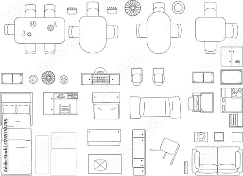 top view furniture layout, modern home interior plan, living room and bedroom furniture set, dining table top view, vector cad furniture symbols, architectural floor plan elements